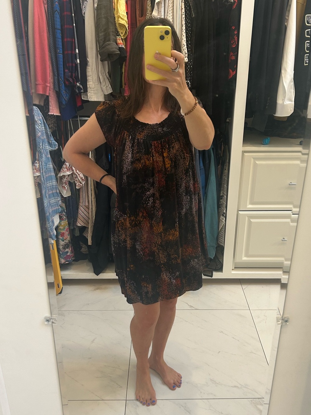 Talula Black Mini Dress with Red, Orange, Purple & Brown Abstract Print